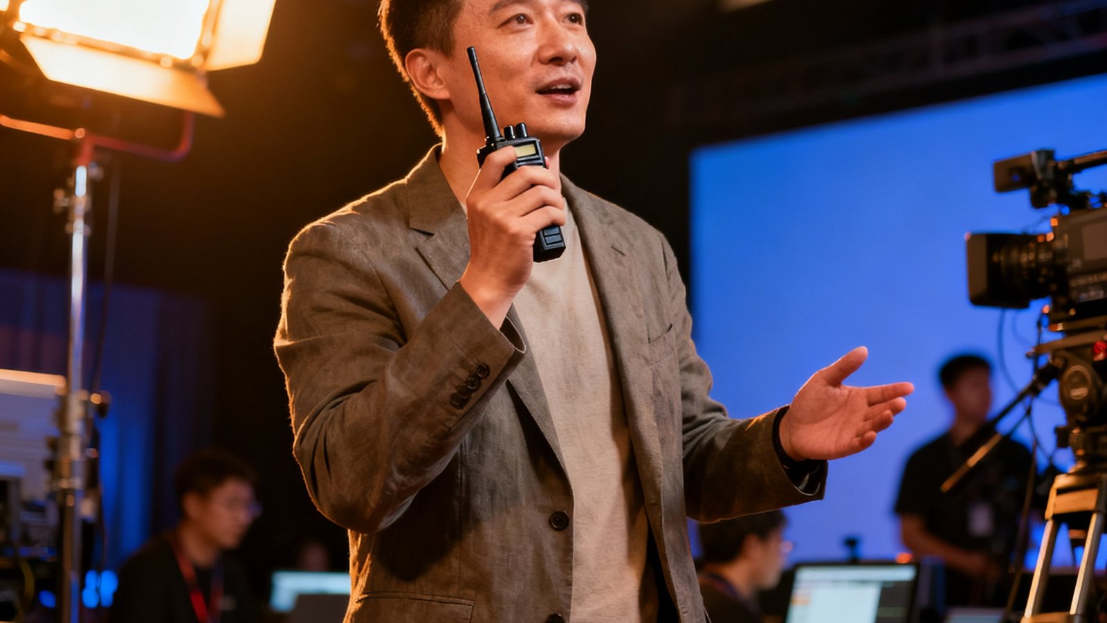 DG视讯运营总监李峻，38岁男性，穿着休闲西装，手持对讲机正在直播现场指挥调度